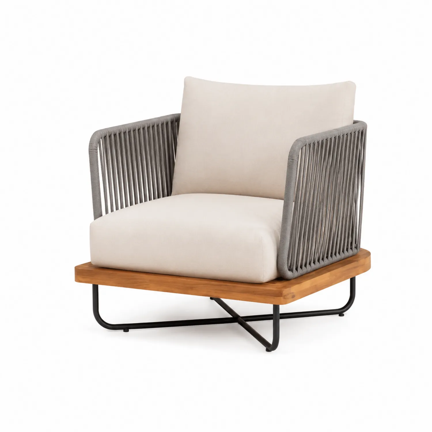 Silla de Exterior con Brazos de Cuerda y Base de Madera de Teca