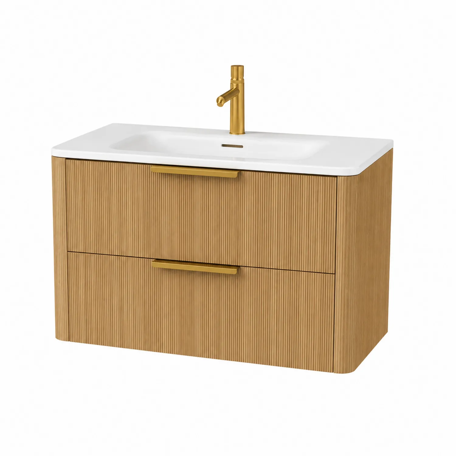 Mueble de madera con lavabo cerámico y grifo dorado