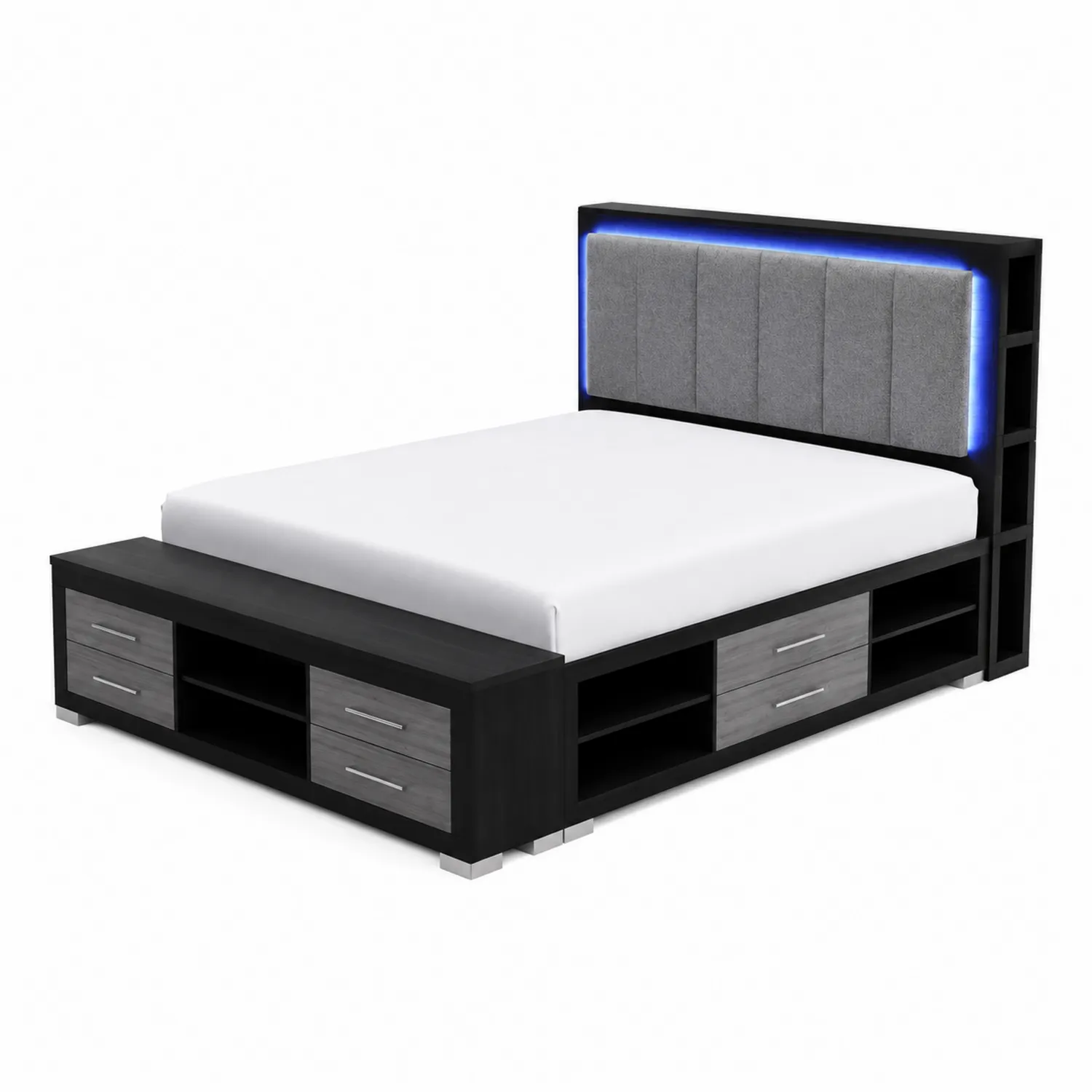 Cama de matrimonio con almacenamiento, LED y cabecero tapizado en poliéster gris