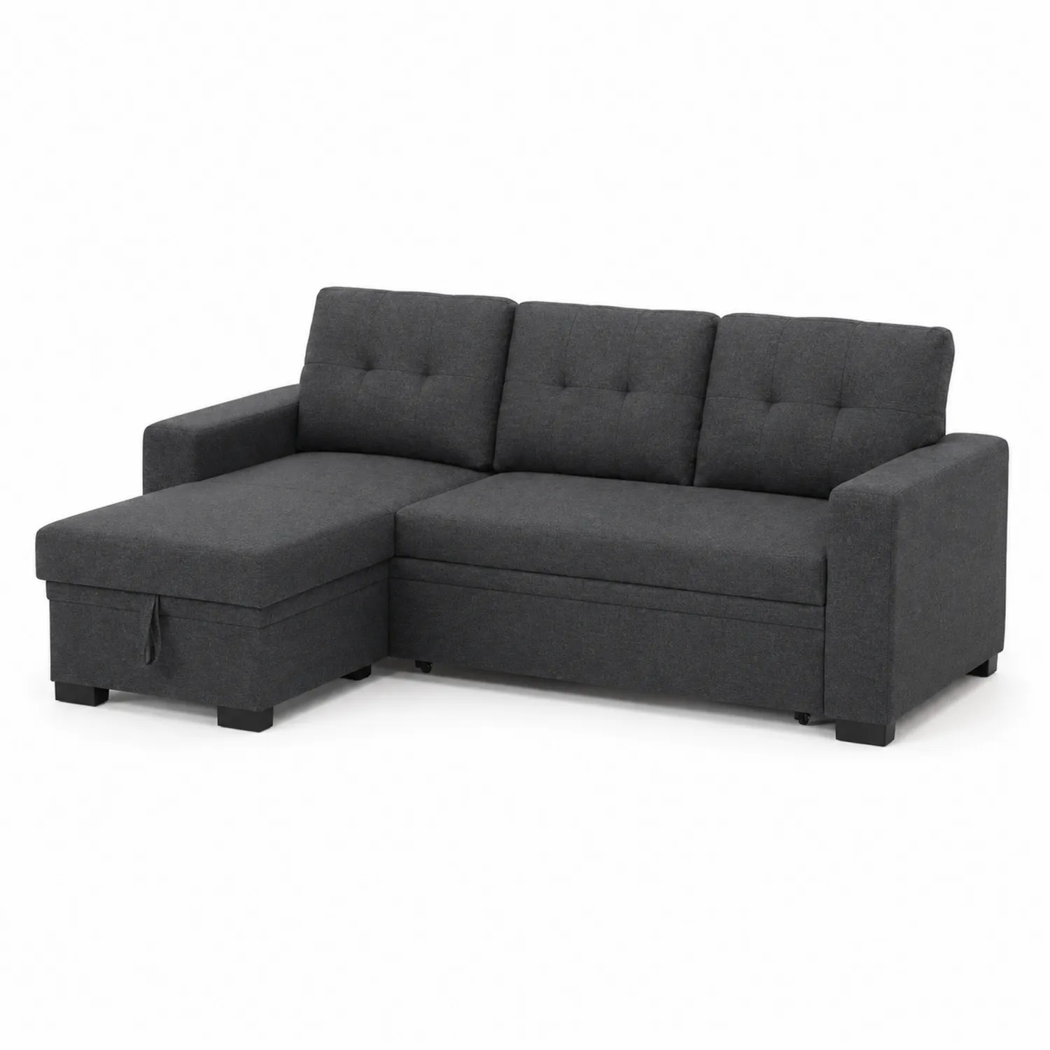 Sofá chaise longue en forma de L de tela gris oscuro con almacenamiento