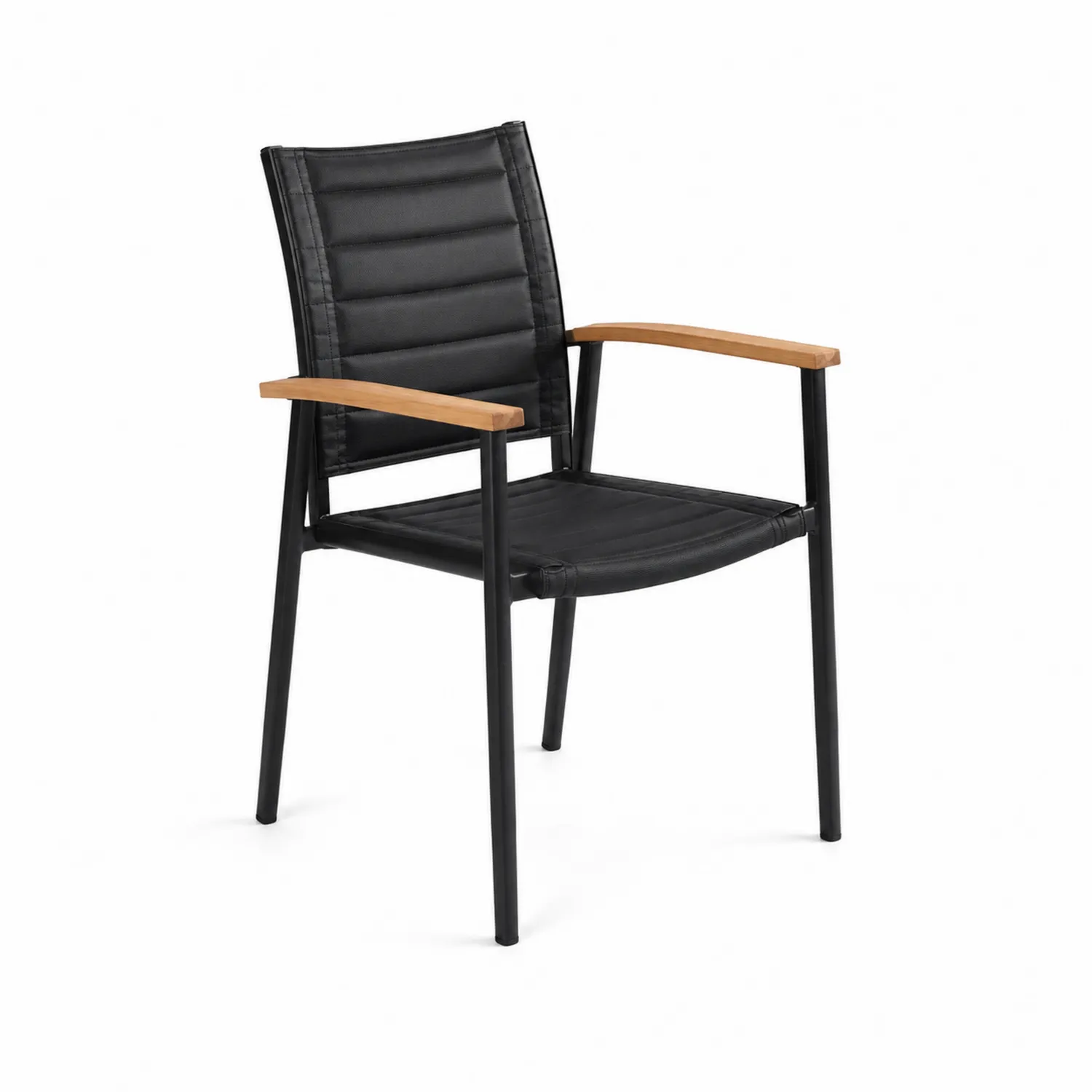 Silla de jardín negra con estructura de metal y reposabrazos de teca