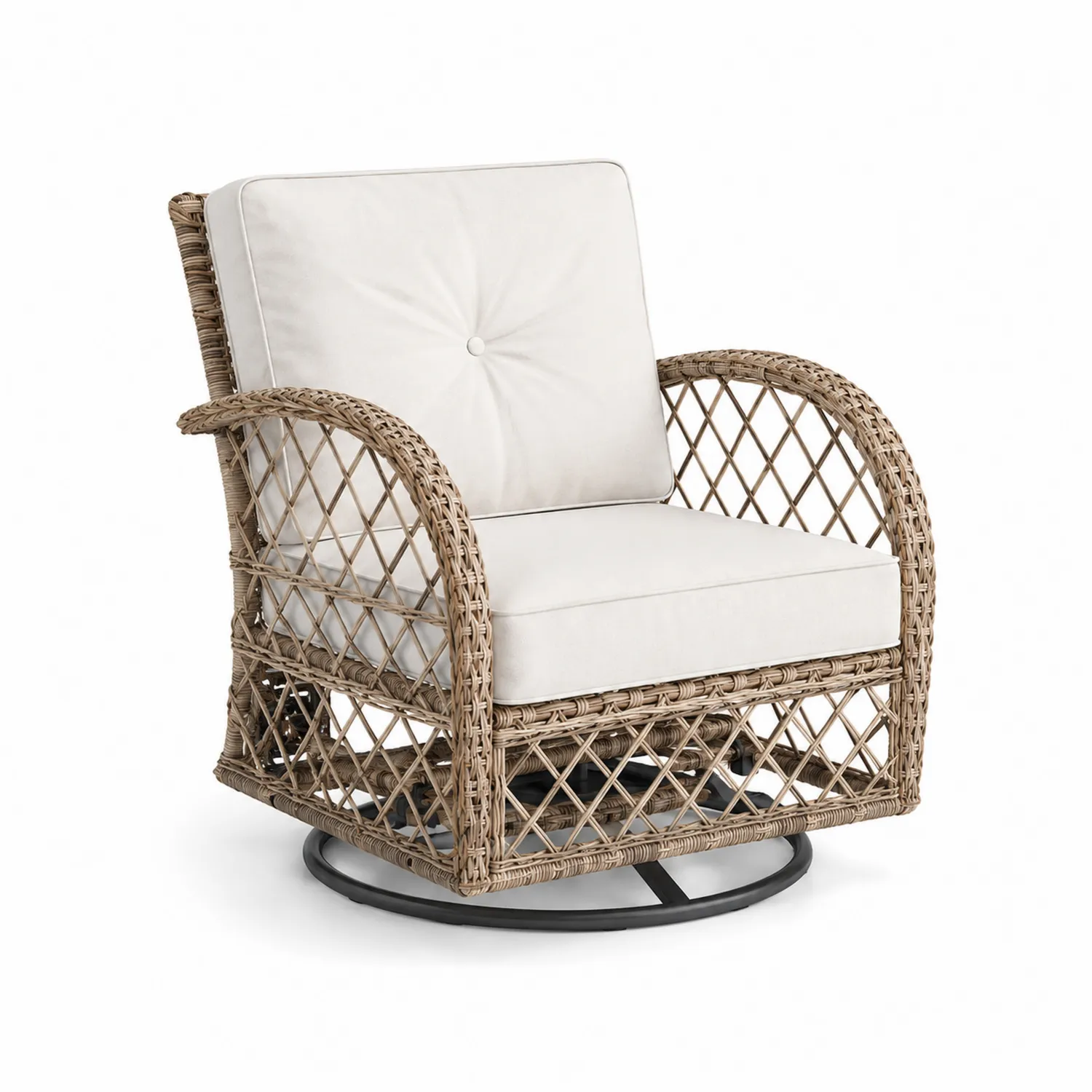 Silla de ratán sintético con cojines crema y base giratoria de metal