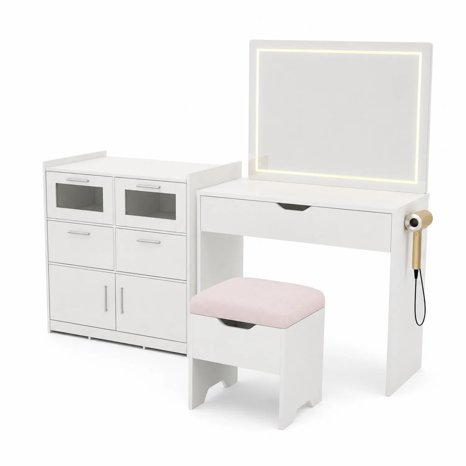 Juego de tocador blanco con espejo LED y taburete acolchado