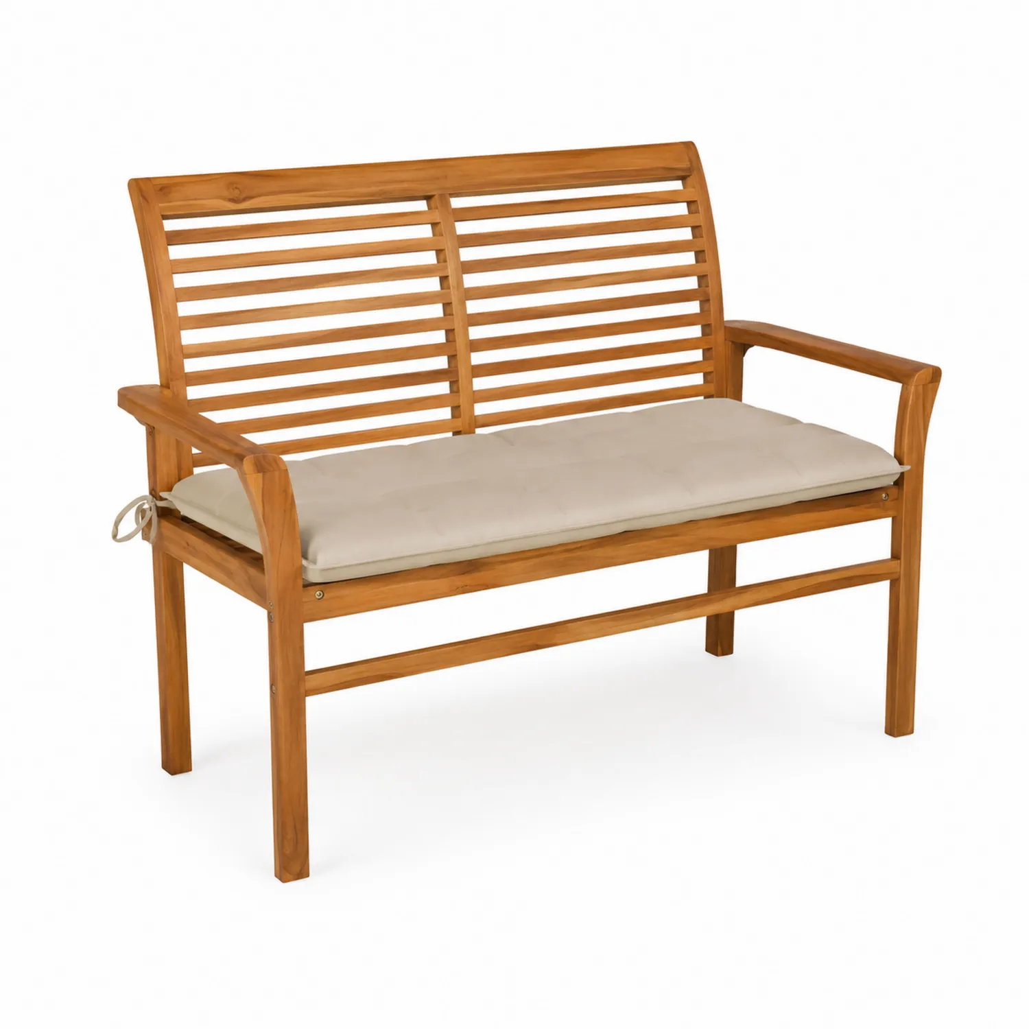 Banco de jardín de madera de teca con cojín beige
