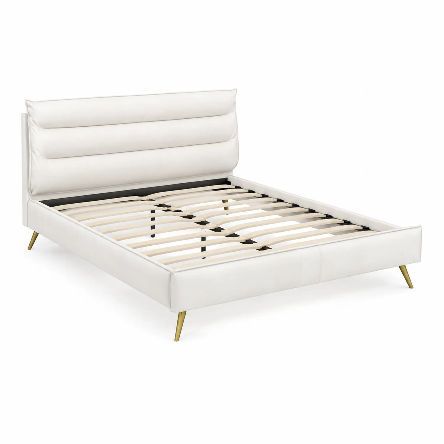Cama de PU Blanca con Cabecero Acolchado y Patas Metálicas