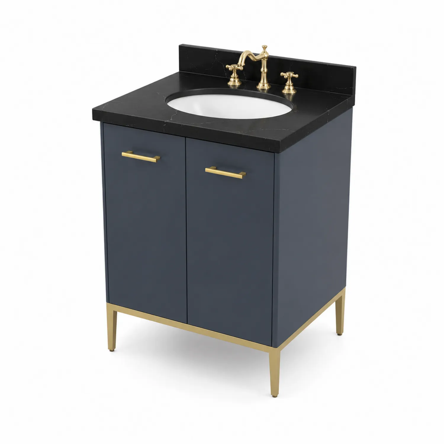 Armario de lavabo de madera azul con mármol negro y detalles metálicos dorados