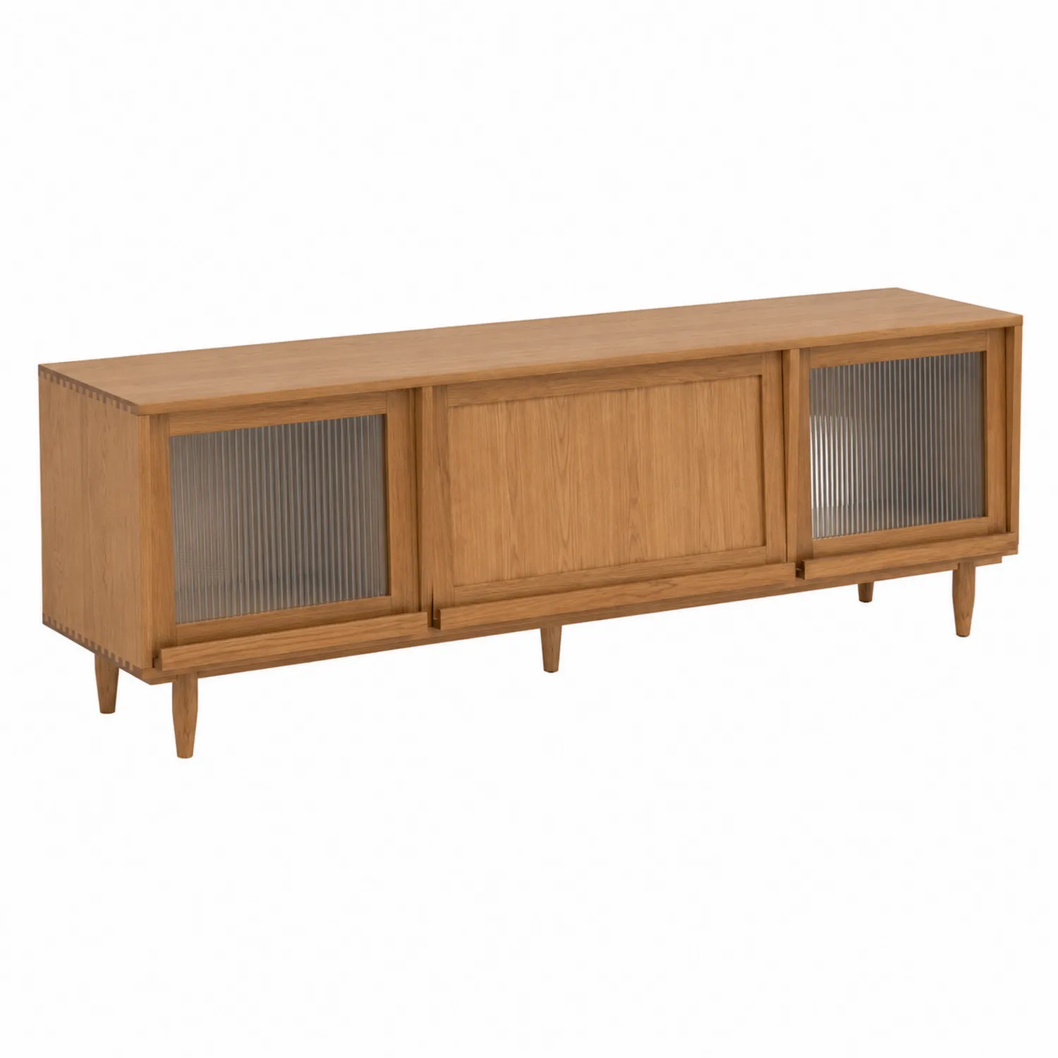 Mueble de TV de roble con puertas de vidrio acanalado