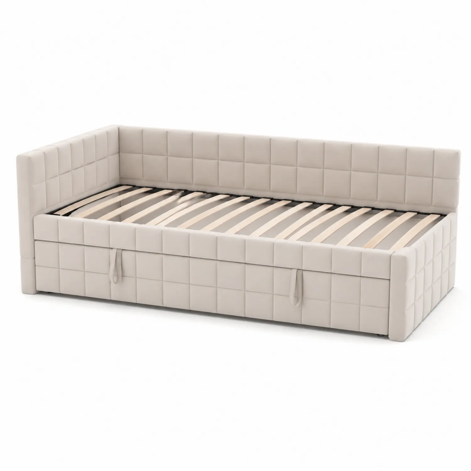 Cama de día de madera y piel sintética beige con cajones 200x90 cm