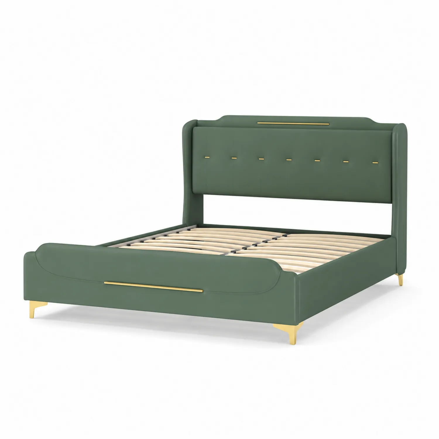 Cama doble de madera tapizada en cuero sintético verde con detalles metálicos 210x150 cm