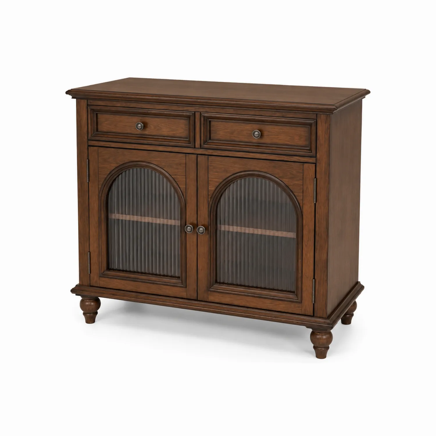 Aparador de madera marrón con puertas de vidrio estriado