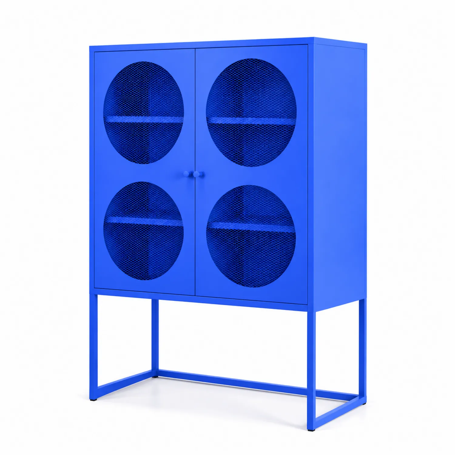 Armario de metal azul con puertas de malla