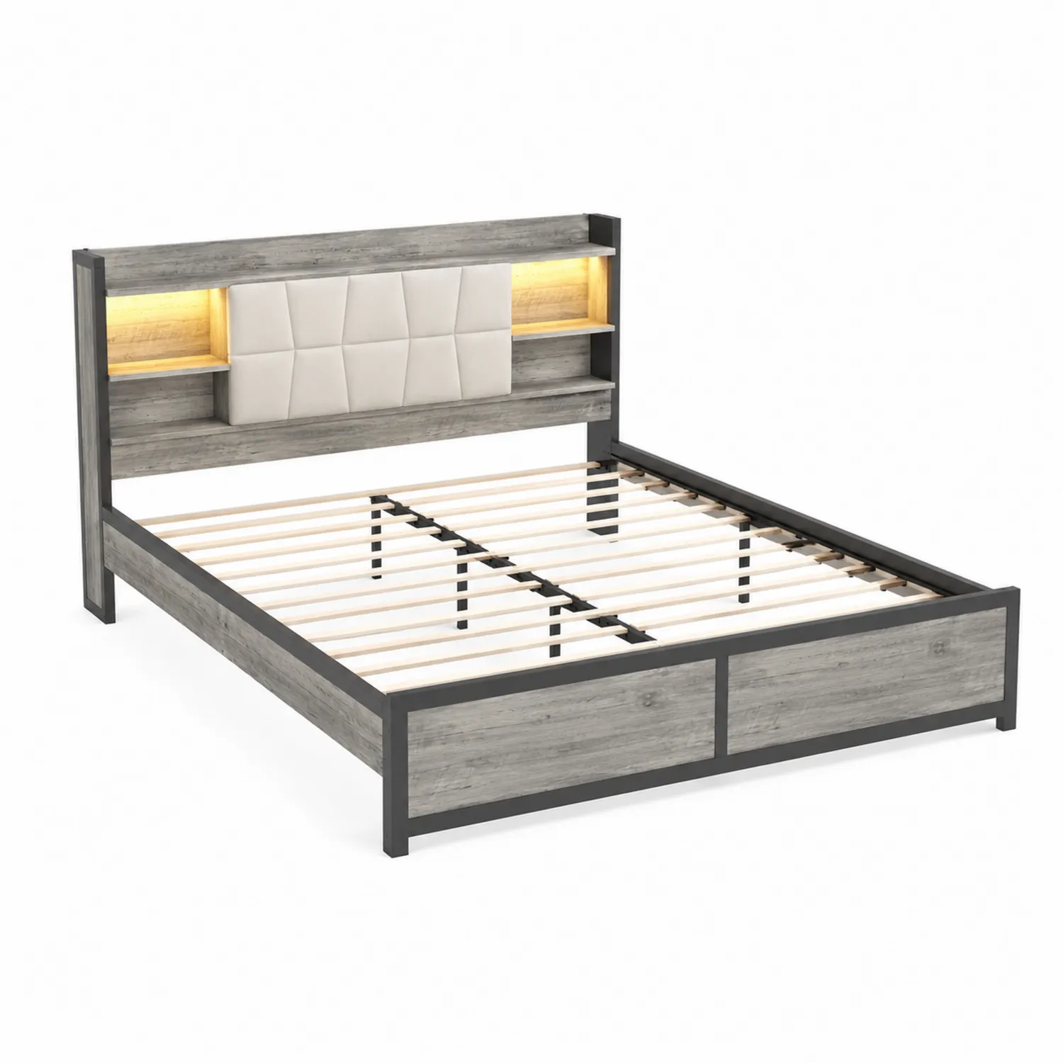 Cama de Madera y Metal con Cabecera Tapizada y Luces 200x160 cm