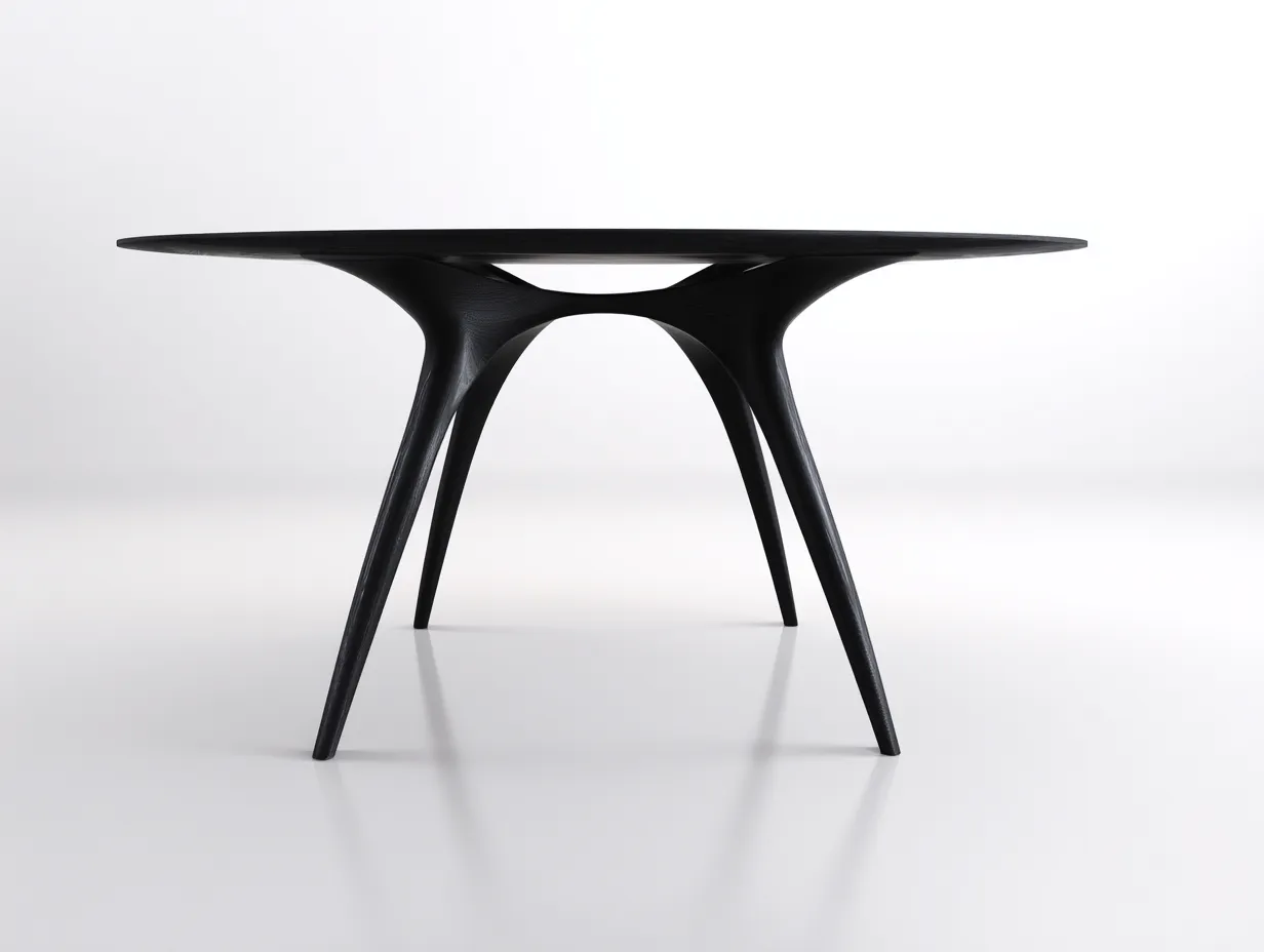 Mesa de comedor redonda 132x132x75 cm - madera negra con soporte curvo - diseño orgánico - para comedor-Jadidanest