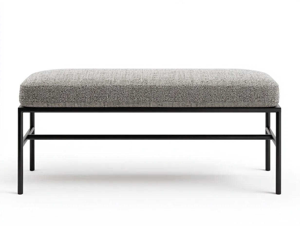Banco tapizado gris 150x45x48 cm - estructura metálica negra - asiento acolchado - para dormitorio-Jadidanest