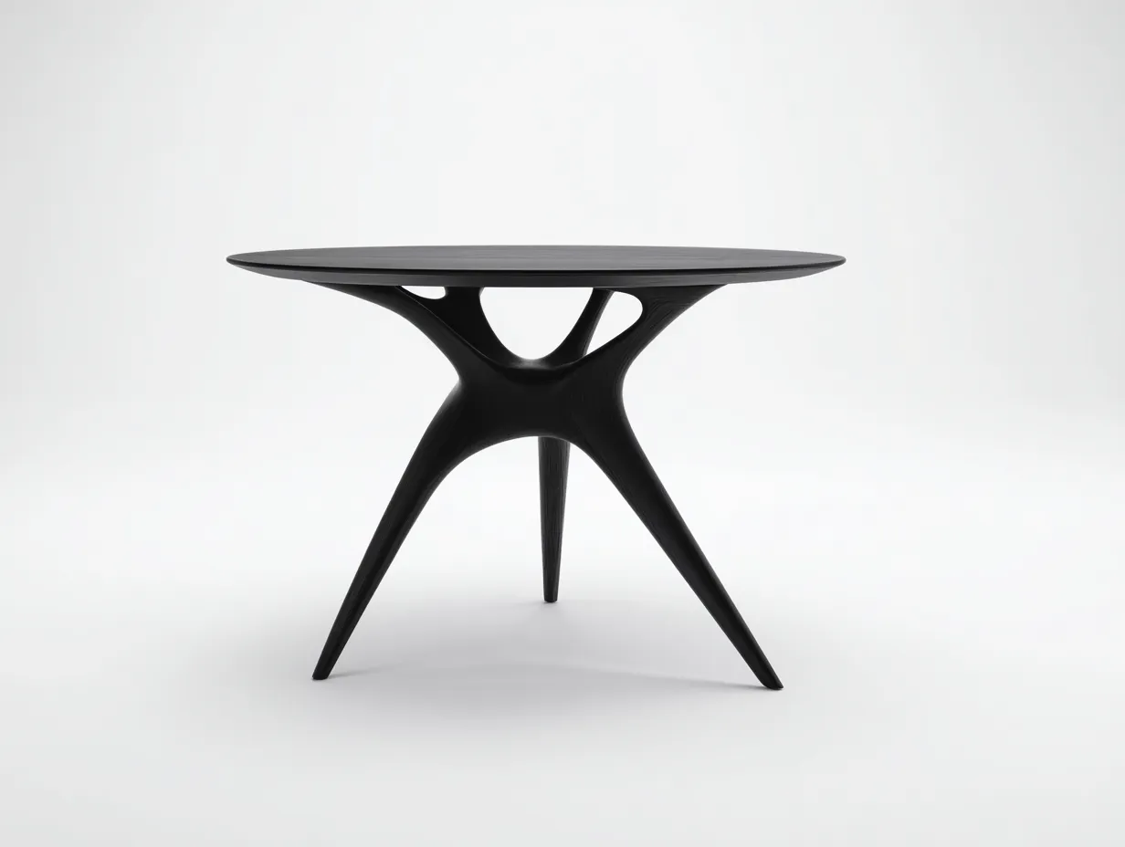 Mesa de comedor redonda 130x130x75 cm - madera negra con base escultórica - estilo contemporáneo - para comedor-Jadidanest