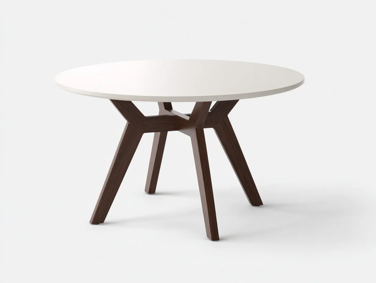 Mesa de comedor redonda 125x125x75 cm - tablero blanco y base cruzada de madera oscura - diseño geométrico - para comedor-Jadidanest