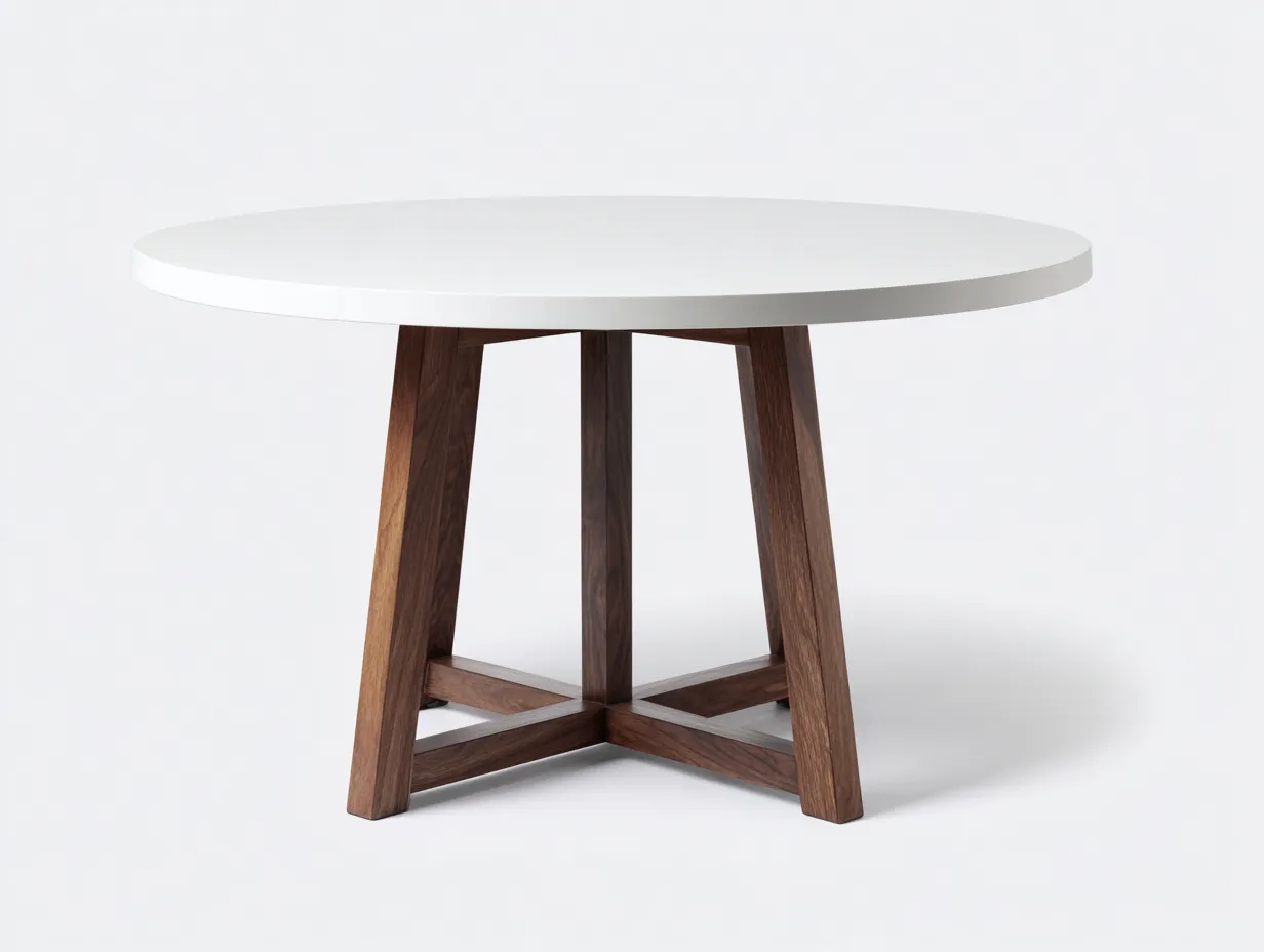 Mesa de comedor redonda 130x130x75 cm - tablero blanco y base de madera en cruz - diseño robusto - para comedor-Jadidanest