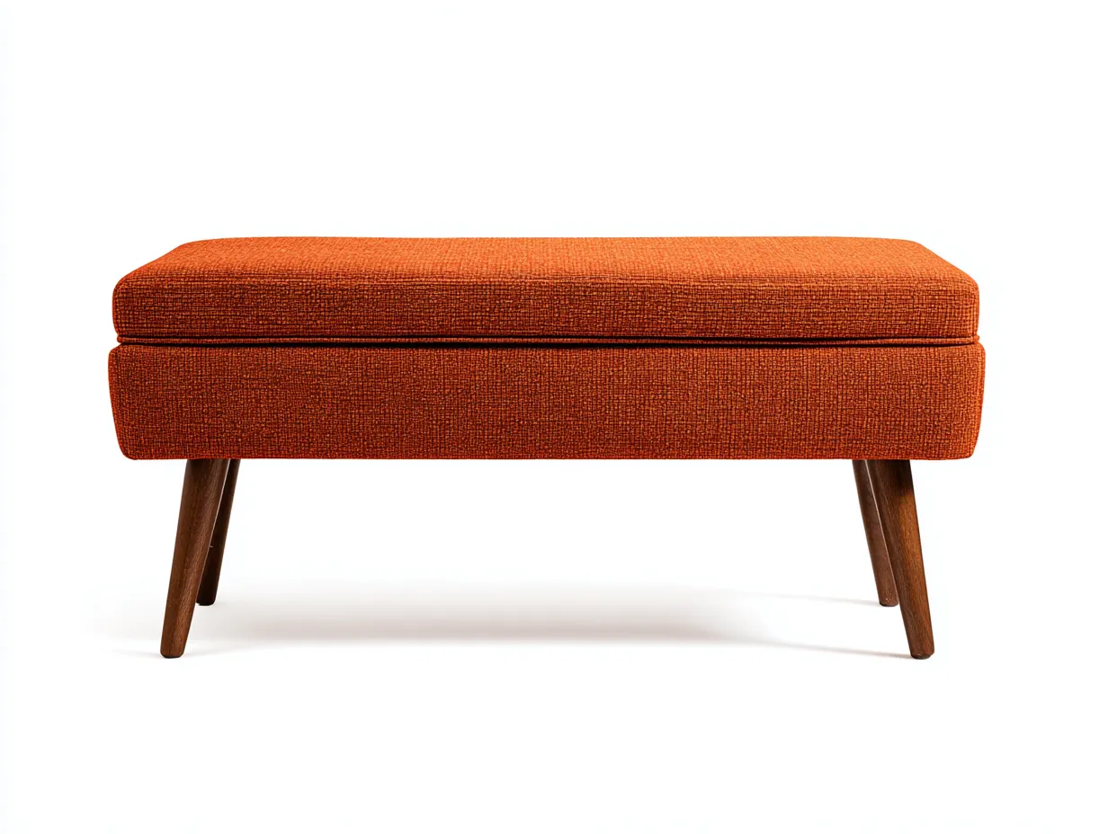 Banco tapizado naranja 142x44x45 cm - patas de madera inclinadas - estilo retro - para dormitorio-Jadidanest