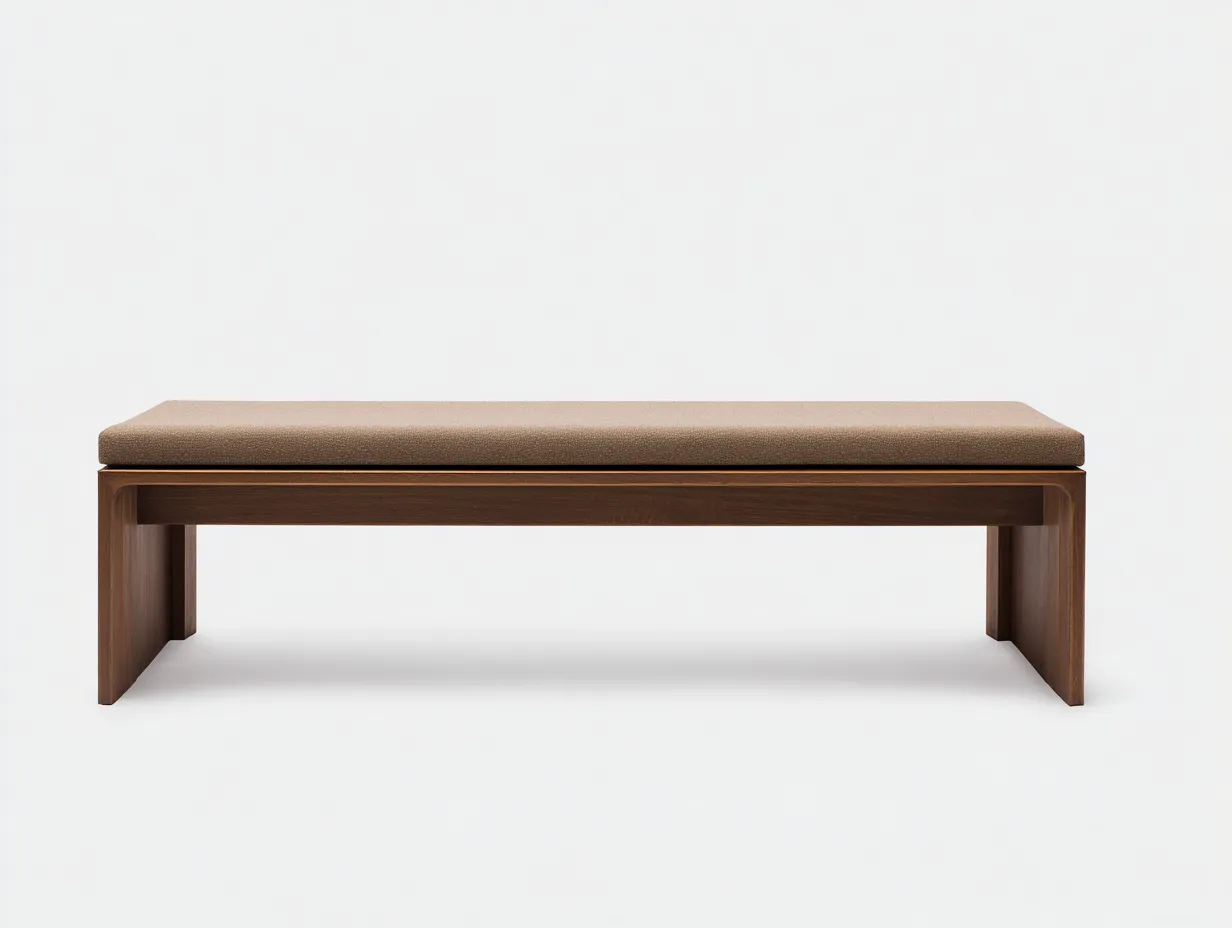Banco de madera nogal con cojín beige 158x45x45 cm - patas laterales anchas - estilo natural - para dormitorio-Jadidanest