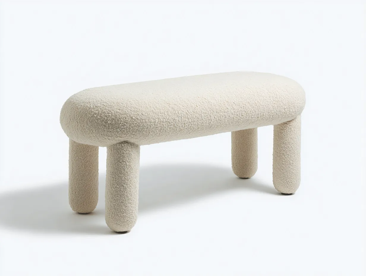 Banco tapizado blanco roto 150x46x45 cm - textura bouclé - patas cilíndricas acolchadas - para dormitorio-Jadidanest