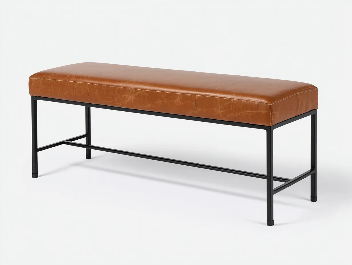 Banco tapizado marrón cuero sintético 155x43x46 cm - bastidor metálico negro - diseño lineal - para dormitorio-Jadidanest