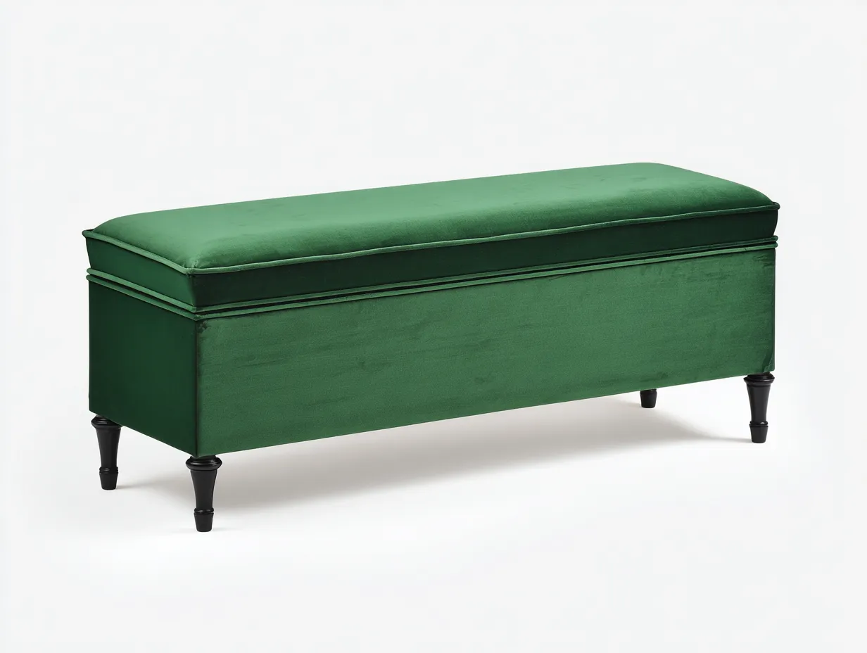 Banco baúl tapizado verde 155x45x50 cm - patas negras torneadas - almacenaje discreto - para dormitorio-Jadidanest