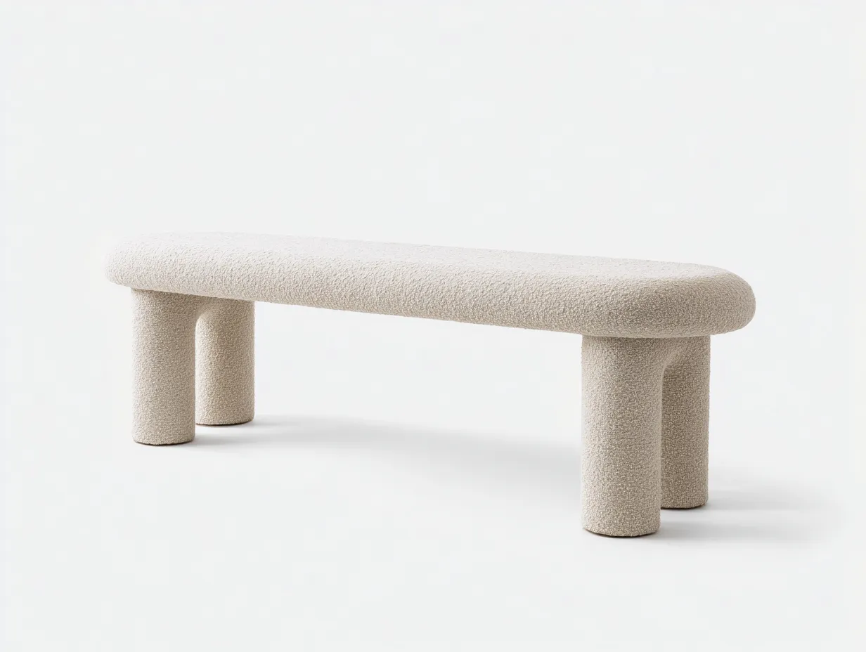 Banco tapizado marfil bouclé 168x45x45 cm - patas cilíndricas suaves - estilo orgánico - para dormitorio-Jadidanest
