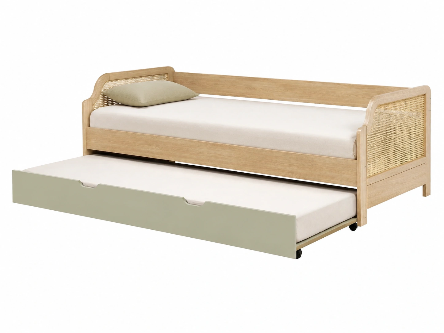 Cama nido de madera natural con ratan para un ambiente calido y relajado-meubelva