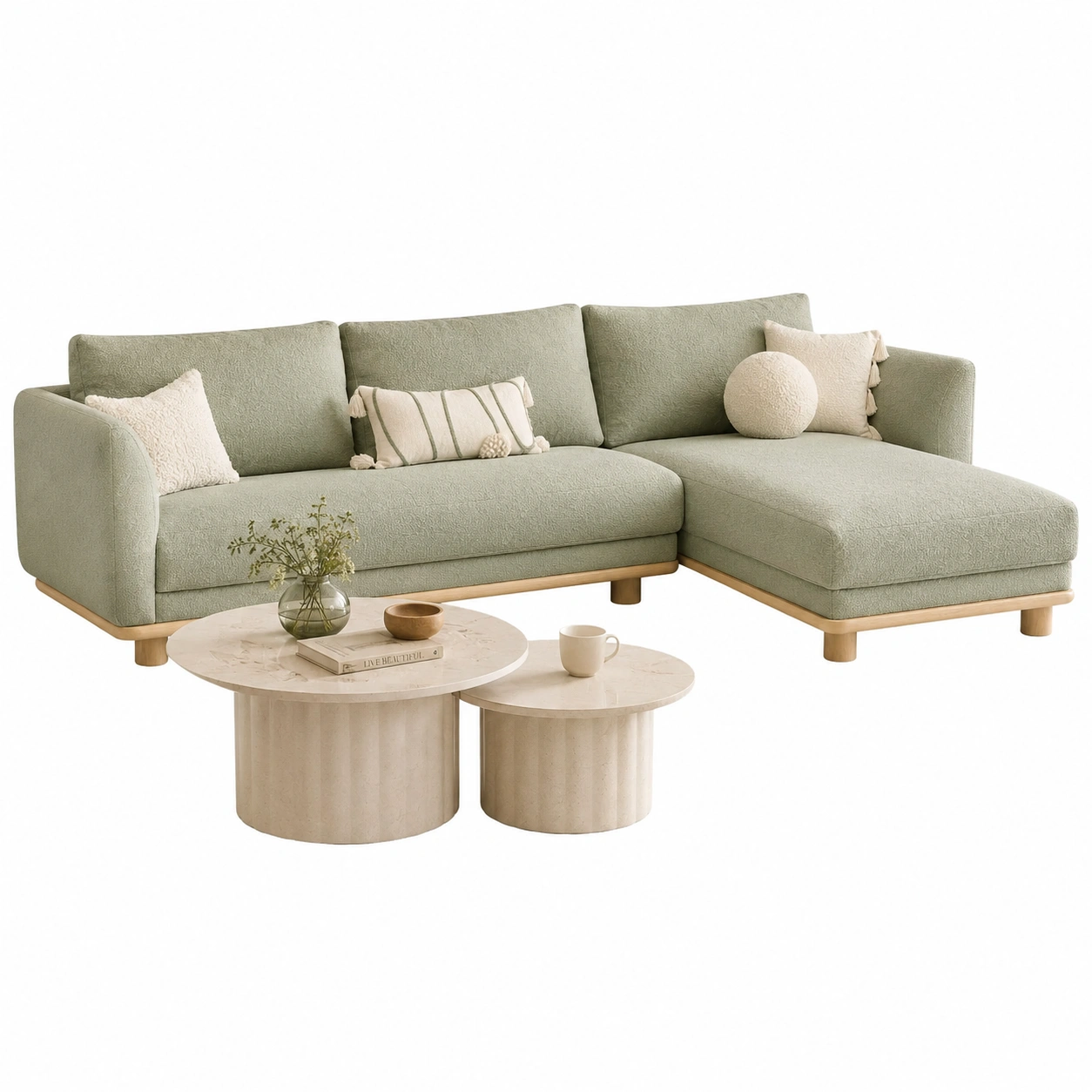 Sofa Seccional Verde con Chaise Longue y Mesas de Centro-meubelva