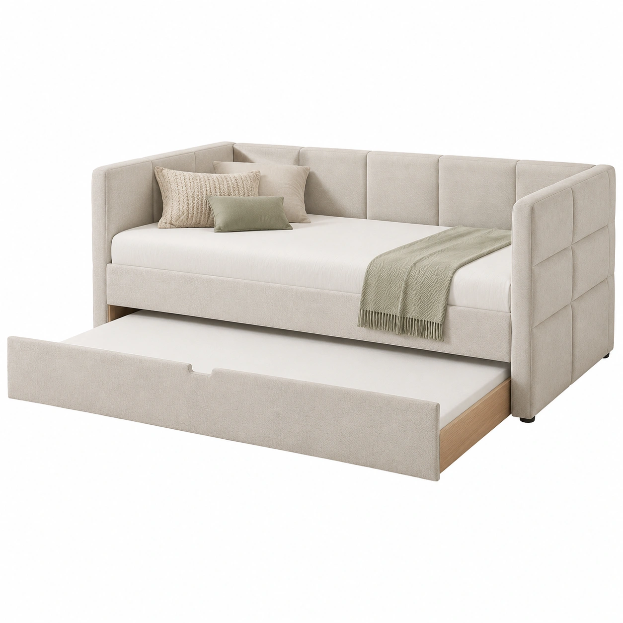 Cama tapizada beige con cama nido oculta para dormitorio moderno-meubelva
