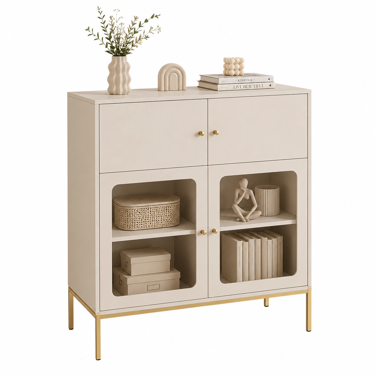 Aparador minimalista beige con vitrinas abiertas-meubelva