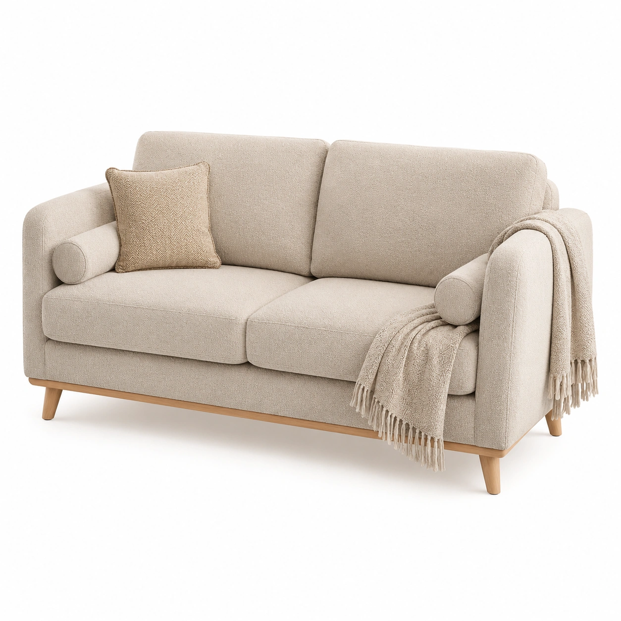 Sofa de dos plazas con brazos redondos en beige boucle