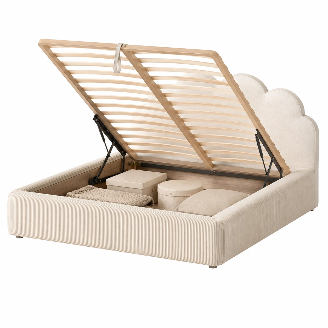 Cama tapizada beige con almacenamiento oculto y cabecero nube