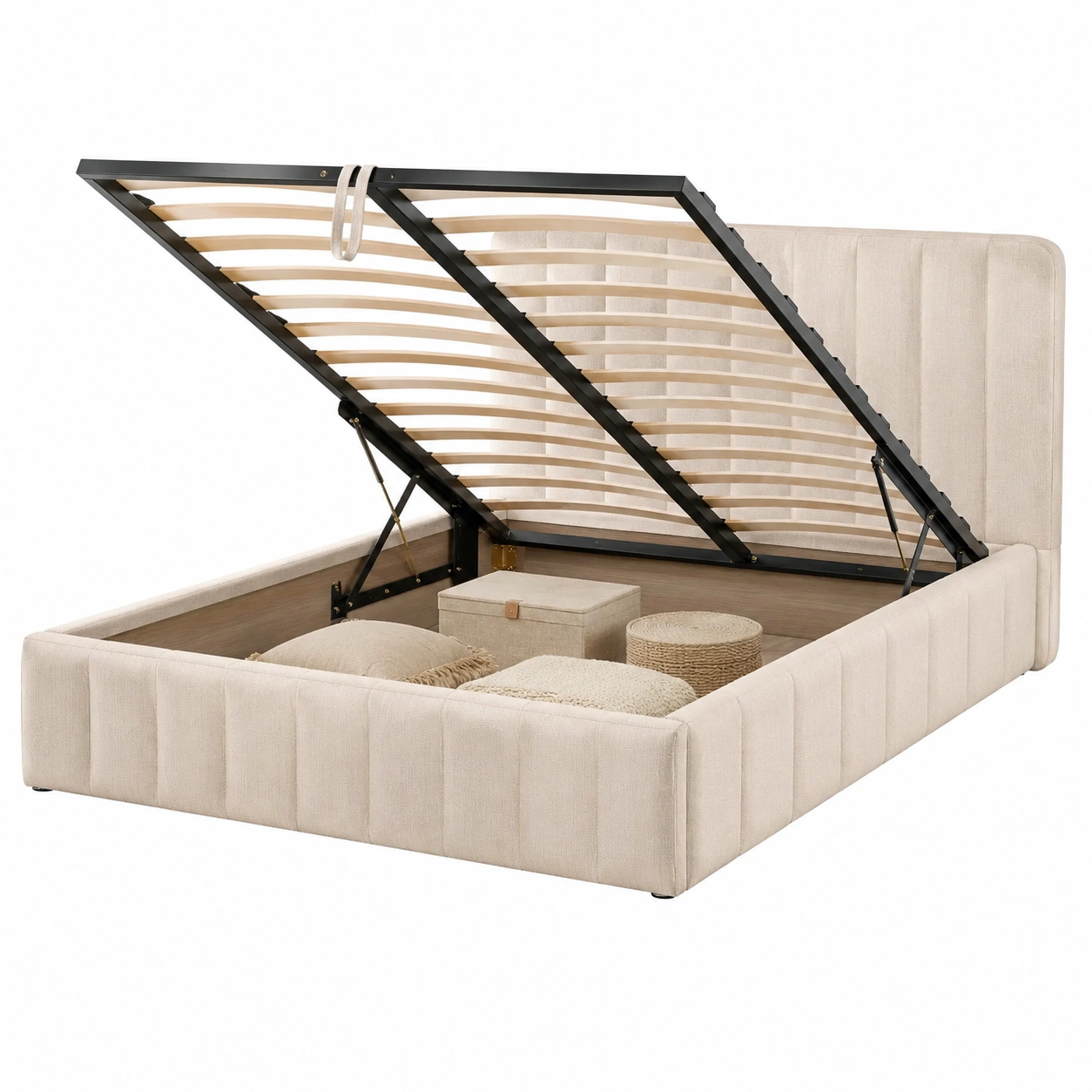 Cama tapizada beige con almacenamiento y estructura negra