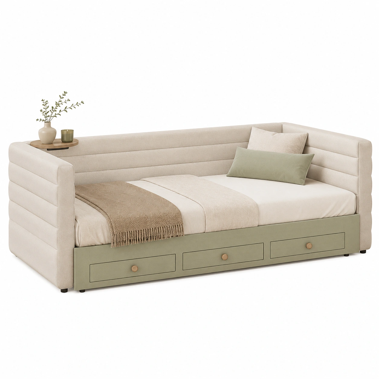 Cama nido verde salvia con almacenaje integrado