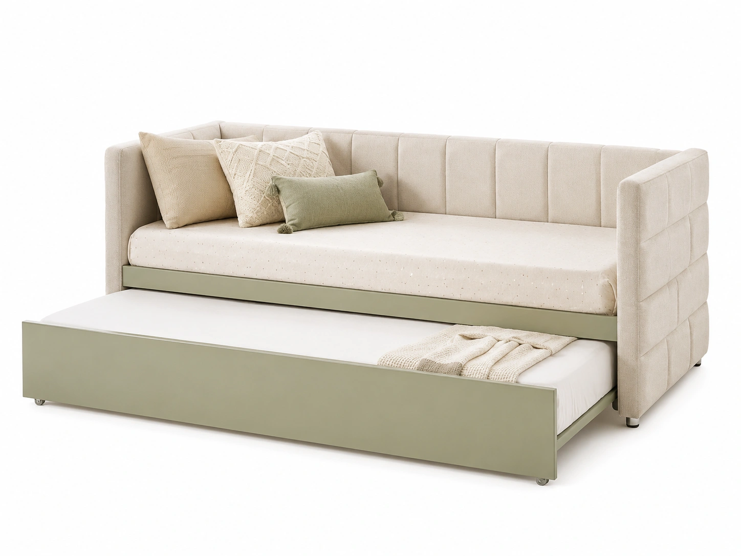 Cama nido tapizada verde salvia y beige