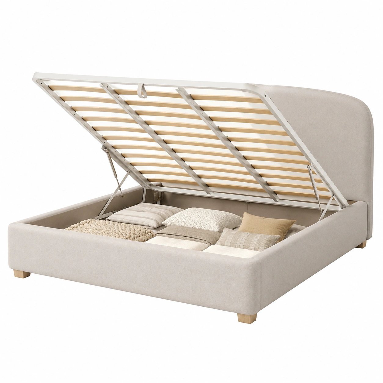 Cama tapizada con almacenamiento minimalista