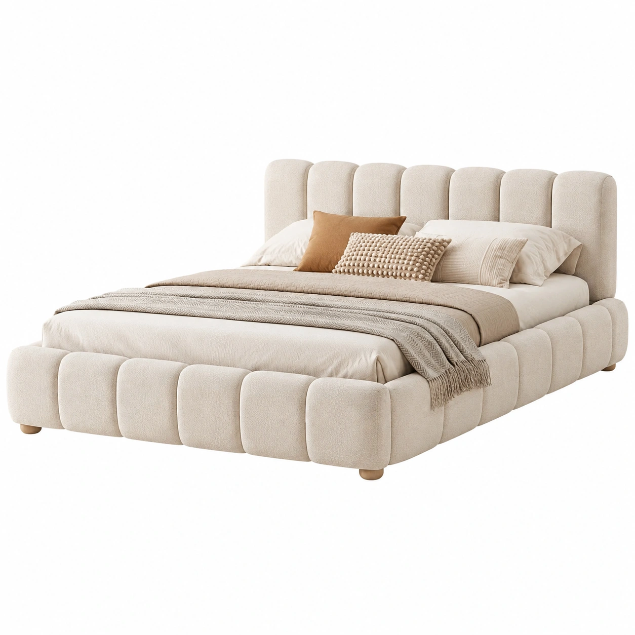 Cama tapizada volumetrica de inspiracion nordica