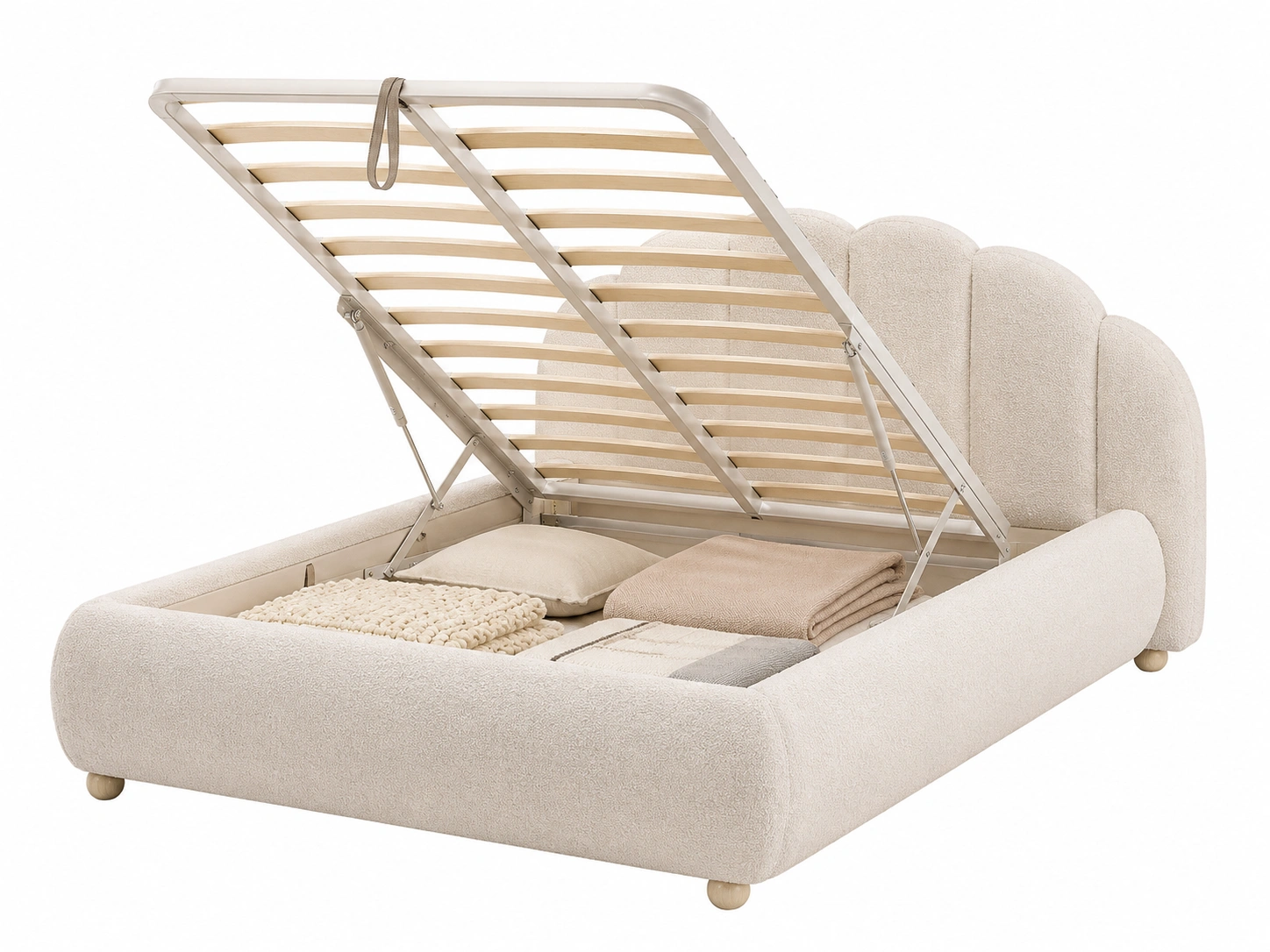 Cama tapizada con almacenamiento oculto de bouclette beige