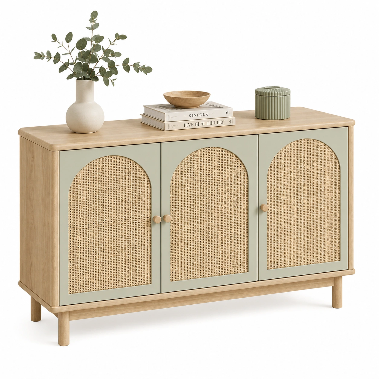 Aparador nordico verde salvia con puertas de ratan