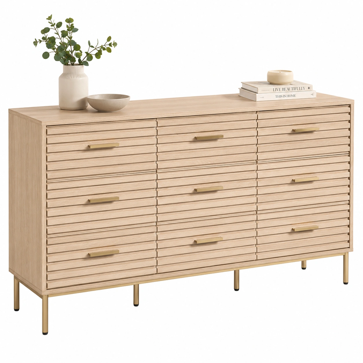 Aparador moderno de madera natural con frentes lineales