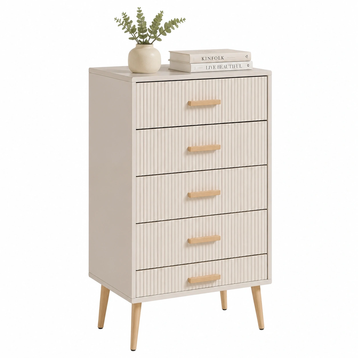 Comoda alta minimalista en tono marfil con cinco cajones