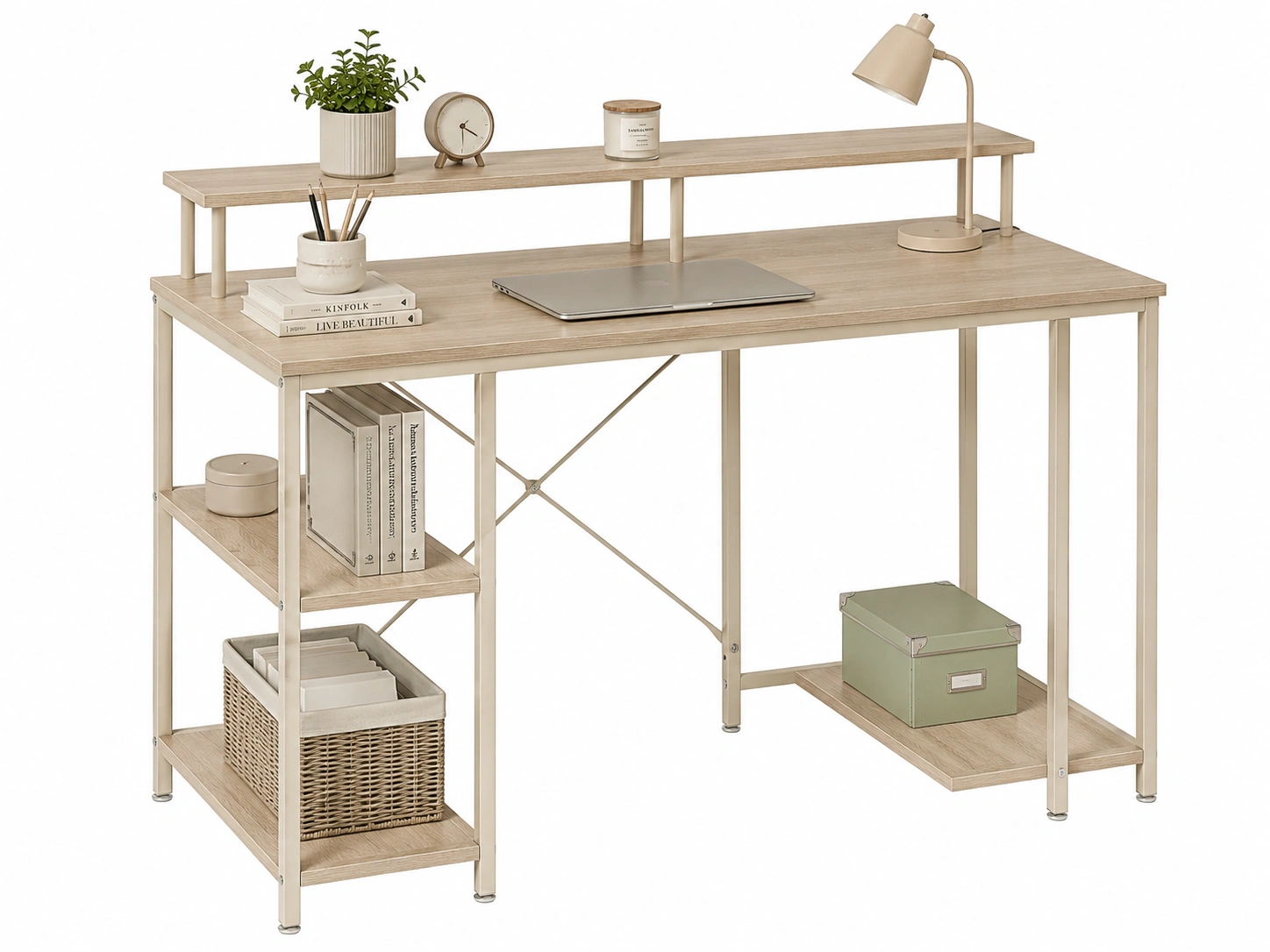 Escritorio moderno beige con estanteria lateral
