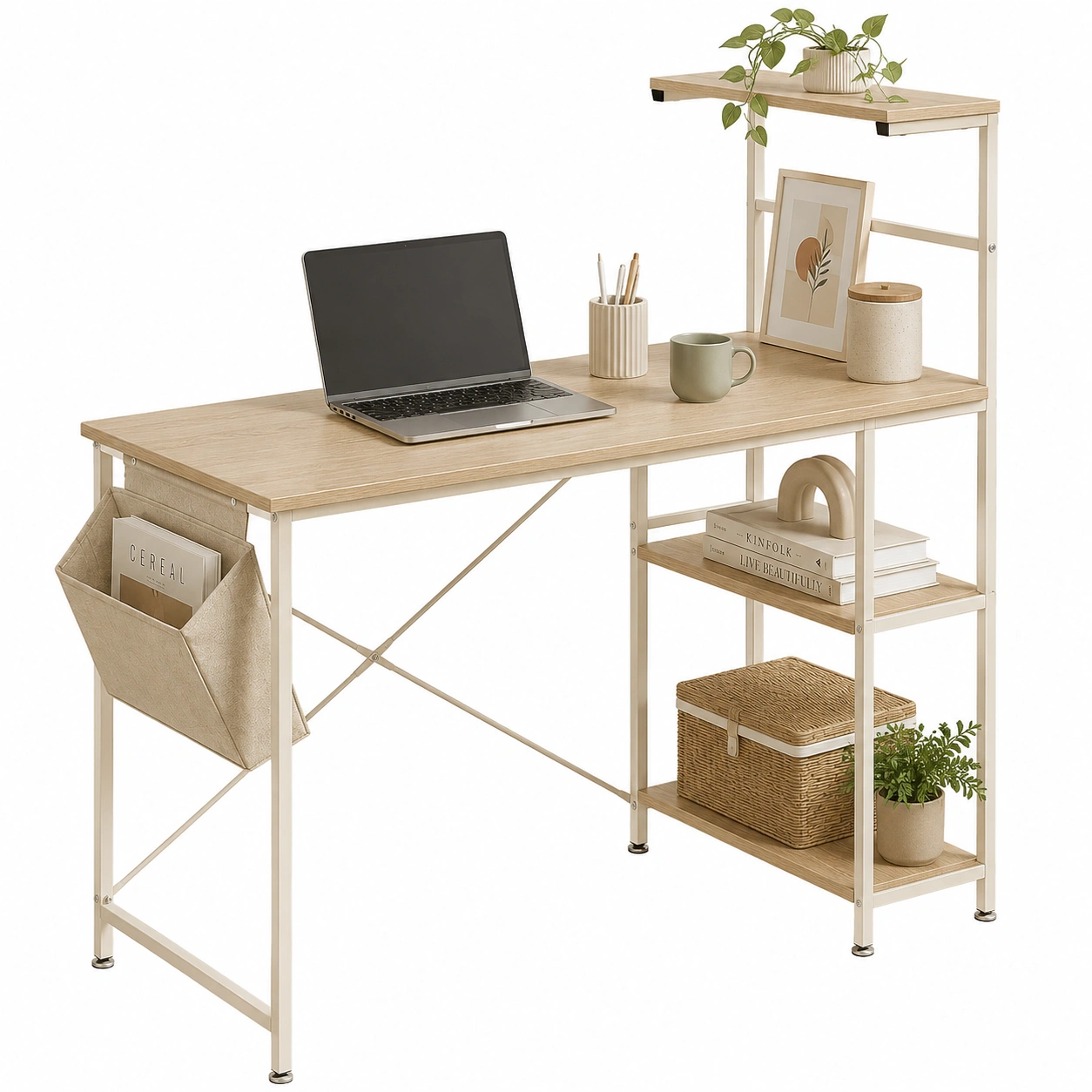 Escritorio minimalista beige con soporte lateral