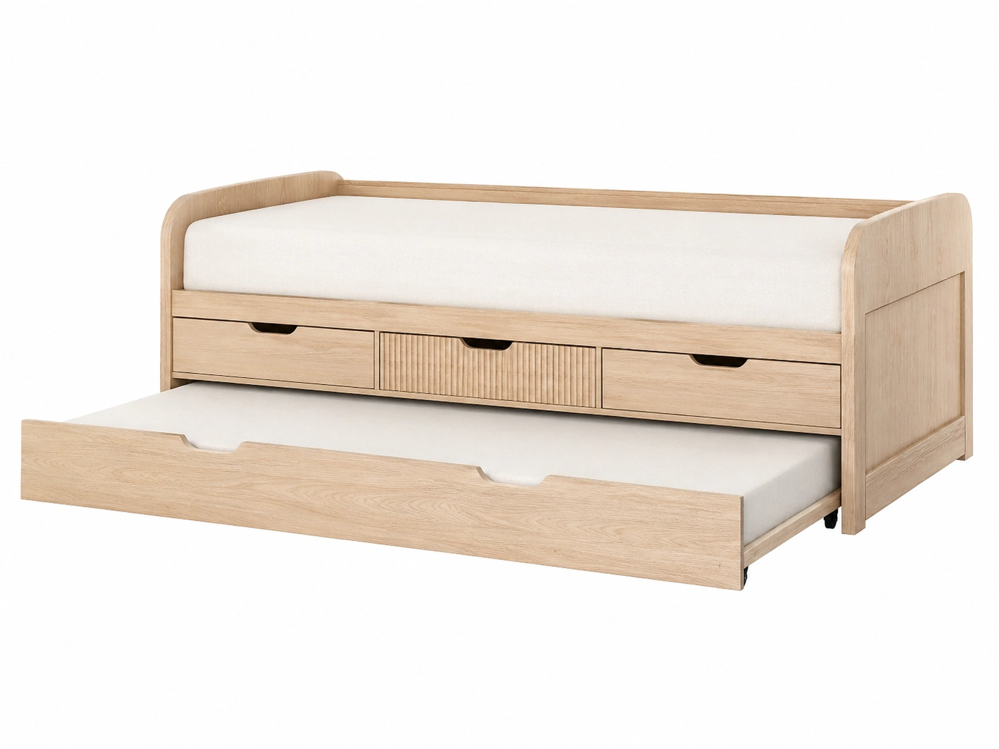 Sofa cama de madera clara con almacenaje integrado para un hogar luminoso y sereno-ElmoriaHome