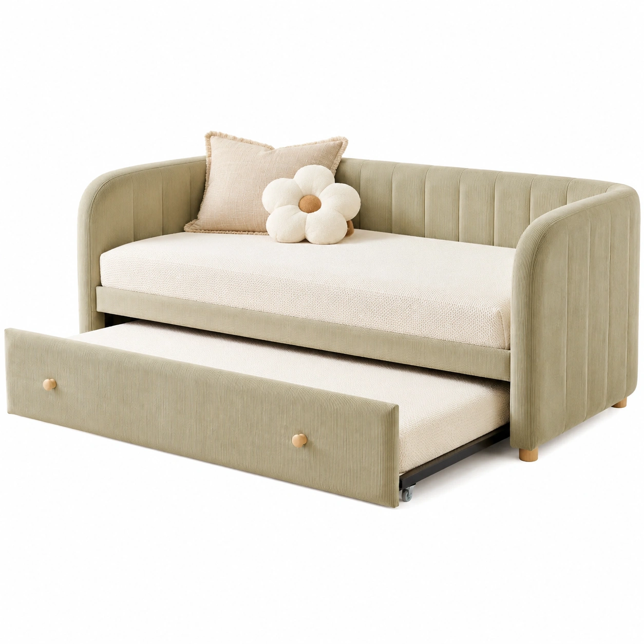 Sofa cama verde suave con almacenaje oculto para espacios modernos-ElmoriaHome