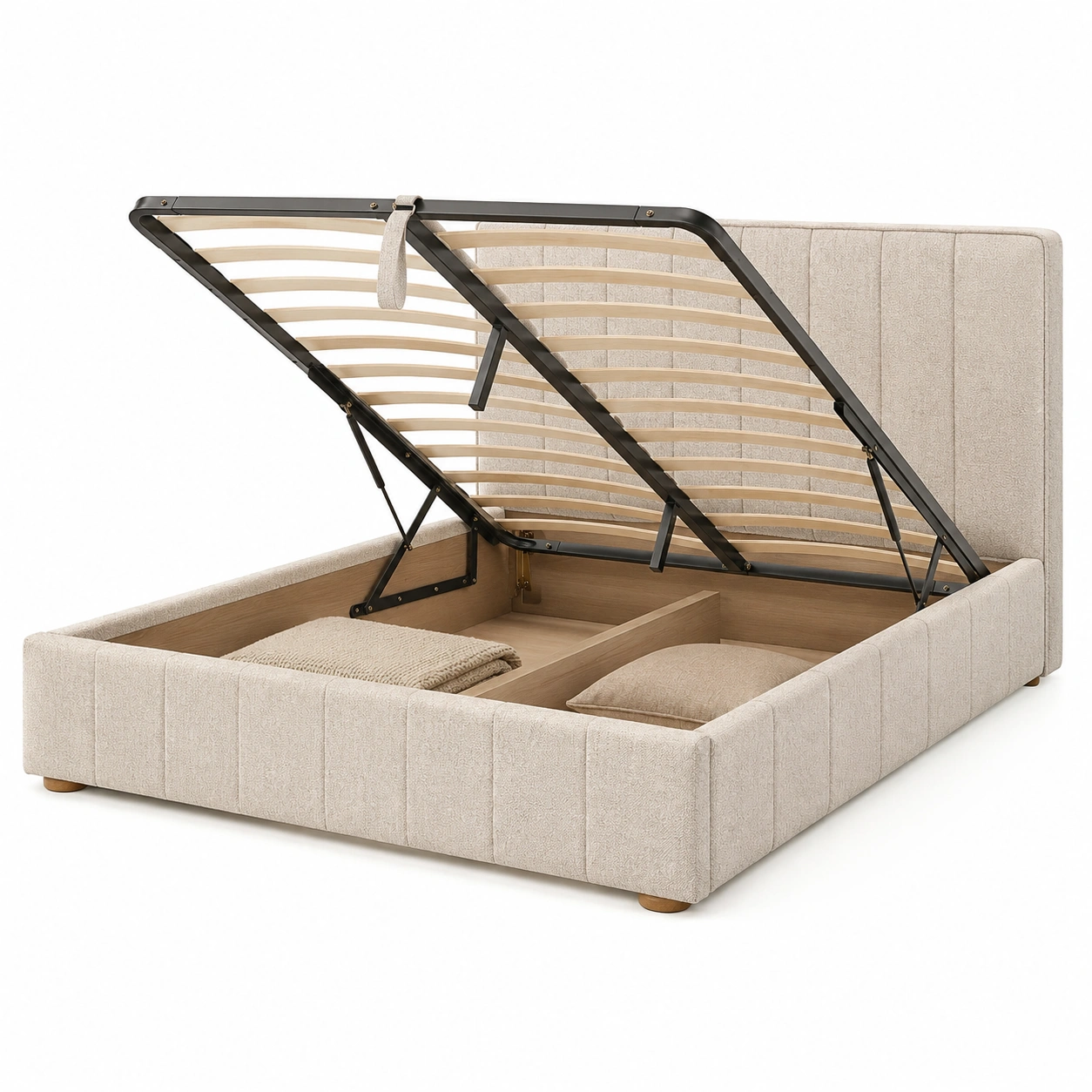 Cama con almacenaje elevable y tapizado-ElmoriaHome