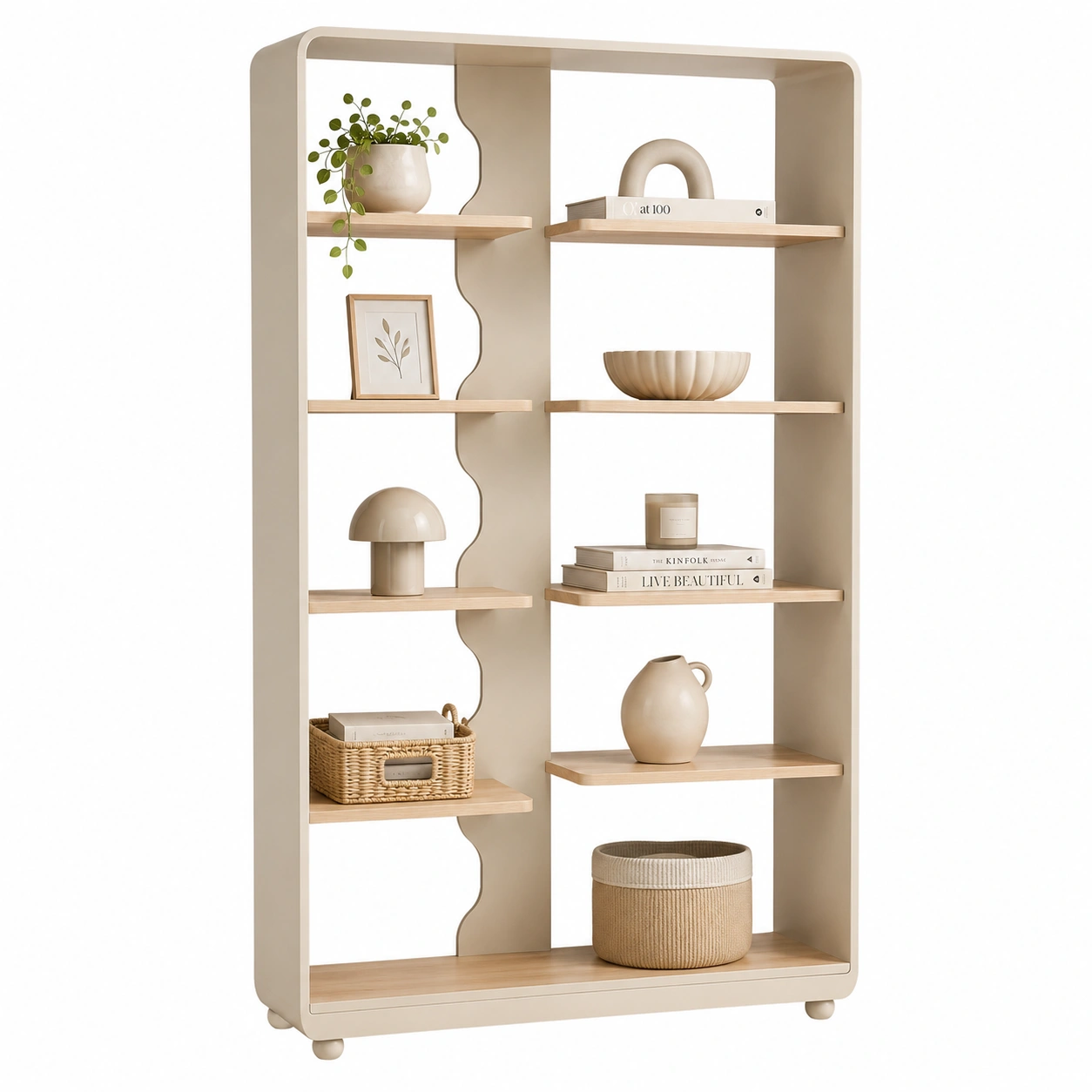 Estanteria beige con estantes de madera para hogar-ElmoriaHome