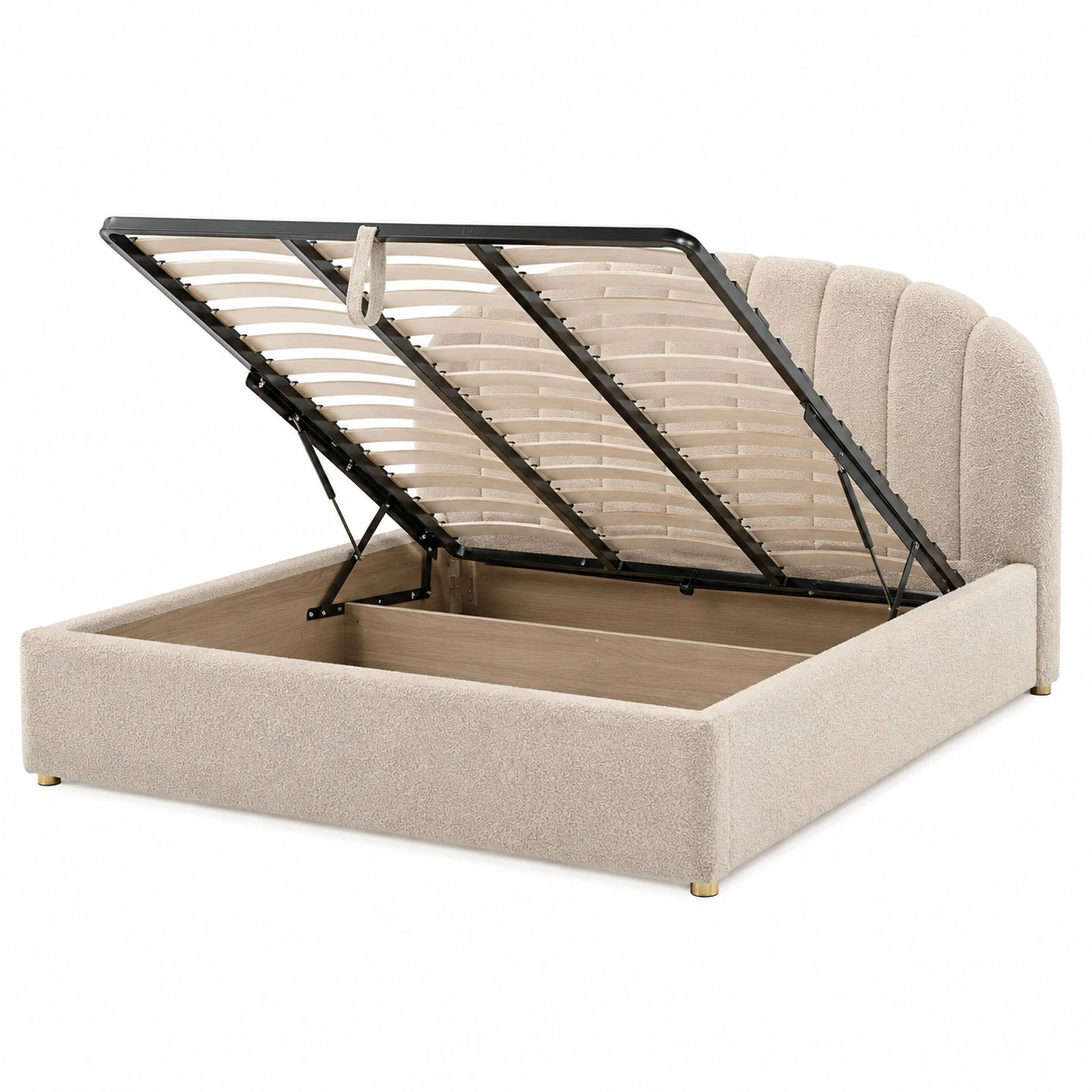 Cama abatible tapizada beige con almacenamiento oculto-ElmoriaHome