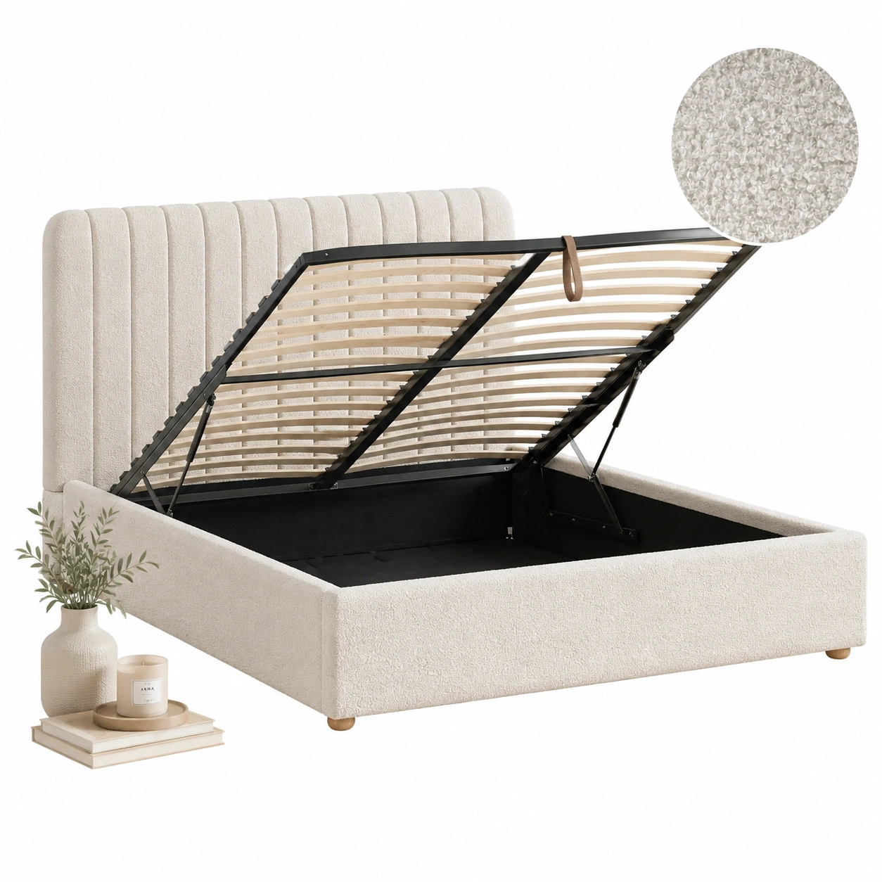 Cama Abatible Boucle con Almacenaje Beige Claro-ElmoriaHome